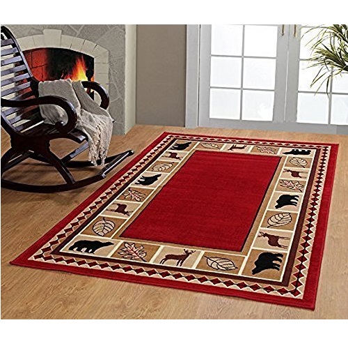 RUGS HOME Furnish My Place Wildlife Bear Moose Rustic, Cabin Lodge Carpet Area Rug, Dark Red, Only  $101.58