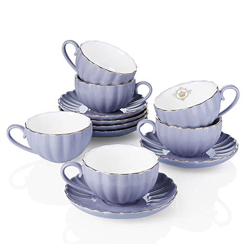 Amazingware Royal Tea Cups and Saucers, with Gold Trim and Gift Box, British Coffee Cups, Porcelain Tea Set, Set of 6 (8 oz)- Purple, Only $34.99