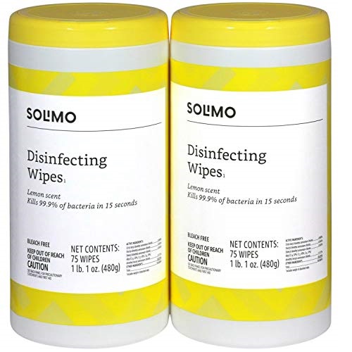 Amazon Brand - Solimo Disinfecting Wipes, Lemon Scent, Sanitizes/Cleans/Disinfects/Deodorizes, 75 Count (Pack of 2), Only $5.99