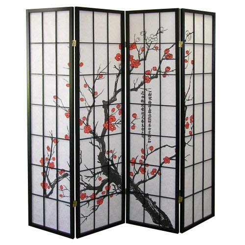 Roundhill Furniture Black Japanese 4-Panel Screen Room Divider, Plum Blossom, Only $72.62