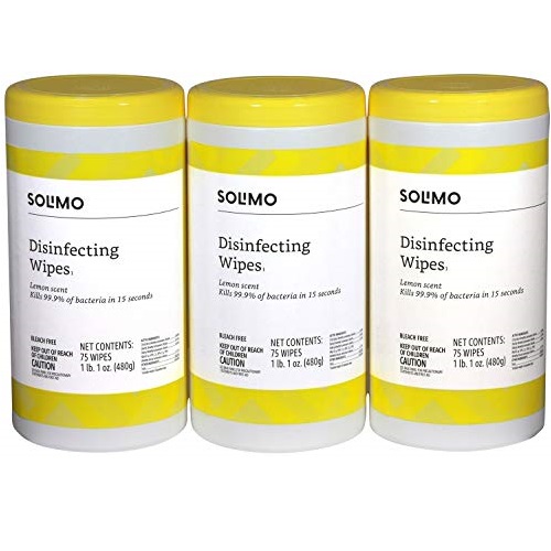 Amazon Brand - Solimo Disinfecting Wipes, Lemon Scent, Sanitizes/Cleans/Disinfects/Deodorizes, 75 Count (Pack of 3), Only $8.54
