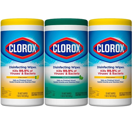 Clorox家庭用罐裝消毒濕巾，3桶，共225張，清新柑橘味，現點擊coupon后僅售$8.52，免運費！