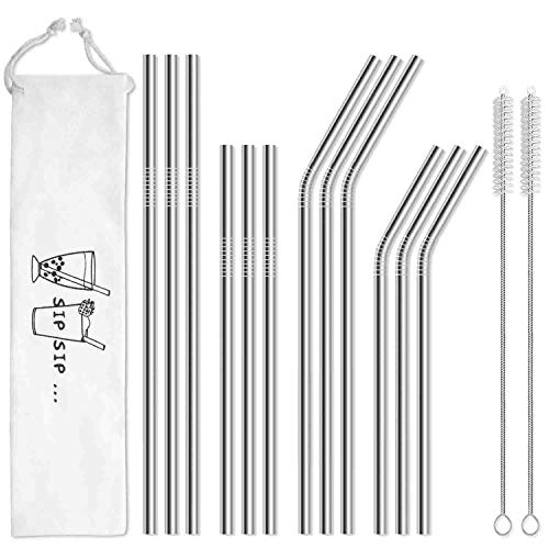 Hiware 12-Pack Reusable Stainless Steel Metal Straws with Case - Long Drinking Straws for 30 oz and 20 oz Tumblers Yeti Dishwasher Safe - 2 Cleaning Brushes Included, Only $5.64