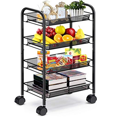 4-Tier Mesh Wire Rolling Cart Multifunction Utility Cart Metal Kitchen Storage Cart with 4 Wire Baskets Lockable Wheels for Home, Office, Kitchen by Pipishell (Black), Only $25.58