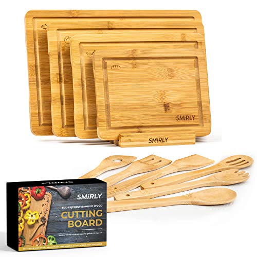 Smirly Bamboo Cutting Board for Kitchen: Set of 4 Butcher Block Wood Cutting Boards with Holder & 6 Cooking Utensils, Only $18.99