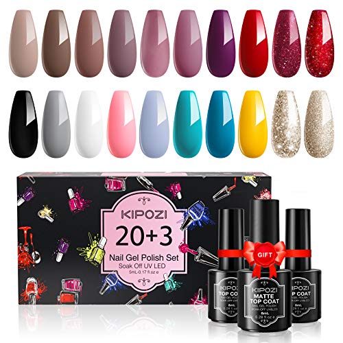 KIPOZI 20 Pcs Gel Nail Polish Set, Nude Pink Red Glitter Gel Polish Starter Kit with Glossy & Matte Top Coat and Base Coat, only $16.79 (20%coupon+20%code ）