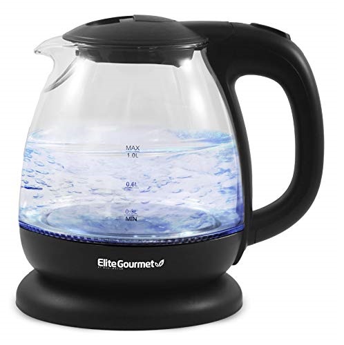 Elite Gourmet EKT1001 Electric BPA-Free Glass Kettle, Cordless 360° Base, Stylish Blue LED Interior, Handy Auto Shut-Off Function – Quickly Boil Water For Tea & More, 1L, Black, Only $14.99