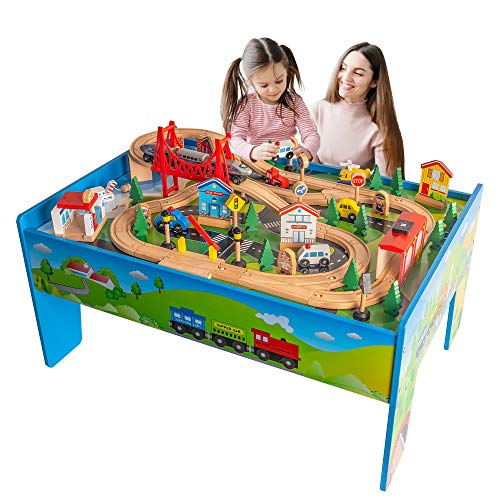 FUNPENY Train Table Toys,Wooden Train Track Railway City Sets Table for Kids Toddlers, Only $69.99