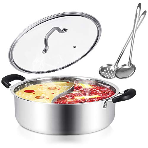 Kerykwan Food Grade 18/10 Stainless Steel Shabu Shabu Hot pot with Divider&Lid for Induction Cooktop Gas Stove Dual Sided Soup Cookware with 2 Soup Ladles (13 inch), Only $39.99