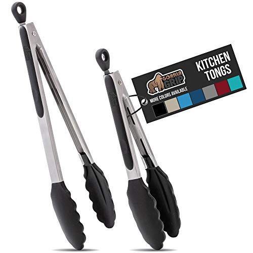 Gorilla Grip Stainless Steel Kitchen Tongs, 2 Piece Set Includes 9 and 12 Inch Locking Tong, Heat Resistant Premium Silicone Tips and Grips, Perfect for Cooking, Grilling, BBQ,  Only $6.64