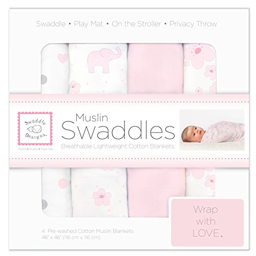 SwaddleDesigns Cotton Muslin Swaddle Blankets, Set of 4, Pastel Pink Elephant Dreams, Now Only $25.25