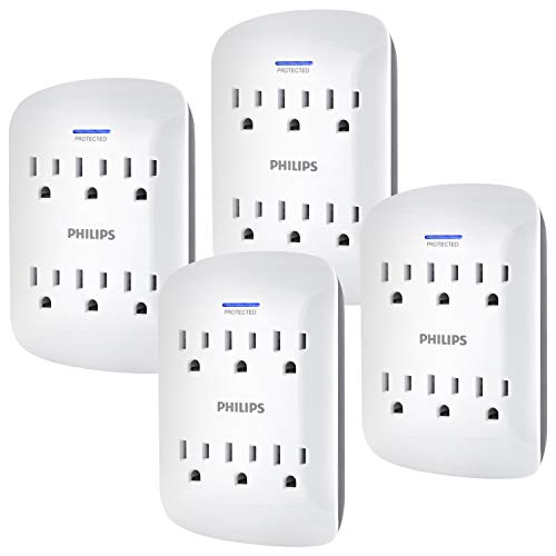 Philips 6-Outlet Extender Surge Protector, 900 Joules, 3 Prong, Space Saving Design, Protection Indicator LED Light, 4 Pack, White, SPP3469WA/37, Now Only $19.99
