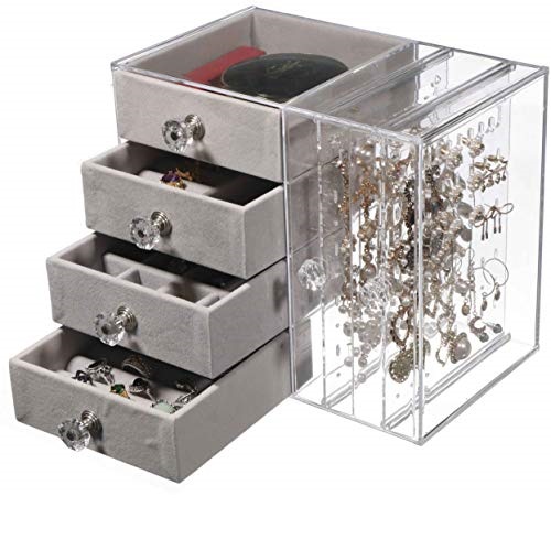 Cq acrylic Jewelry Box for Women with 4 Drawers, Hanging Velvet Jewelry Organizer for Earring Bangle Bracelet Necklace and Rings Storage Clear Acrylic Jewelry case,Gray, Only $16.99