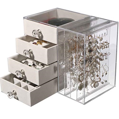 Cq acrylic Jewelry Box for Women with 4 Drawers, Hanging Velvet Jewelry Organizer for Earring Bangle Bracelet Necklace and Rings Storage Clear Acrylic Jewelry case,White, Now Only $17.99