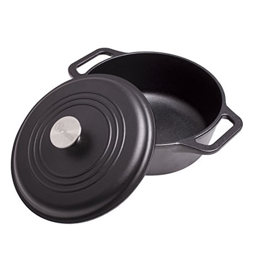 Victoria Cast Iron Dutch Oven with Lid. Stock Pot with Dual Handles Seasoned with 100% Kosher Certified Non-GMO Flaxseed Oil, 4 Quart, Black, List Price is $69.99, Now Only $27.99