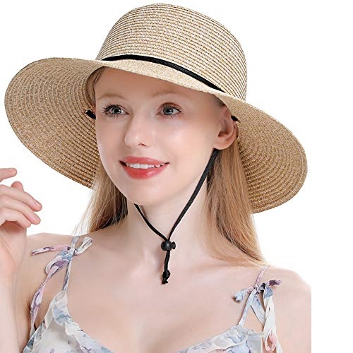 Womens Straw Hat Wide Brim Floppy Beach Cap Adjustable Sun Hat for Women UPF 50+ (Mixed Beige), Only $6.49