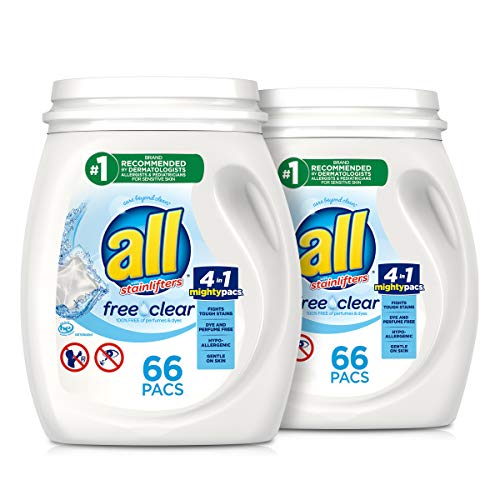 All Mighty Pacs with stainlifters free clear Laundry Detergent, Free Clear for Sensitive Skin, 66 Count - (Pack of 2), List Price is $25.49, Now Only $15.86