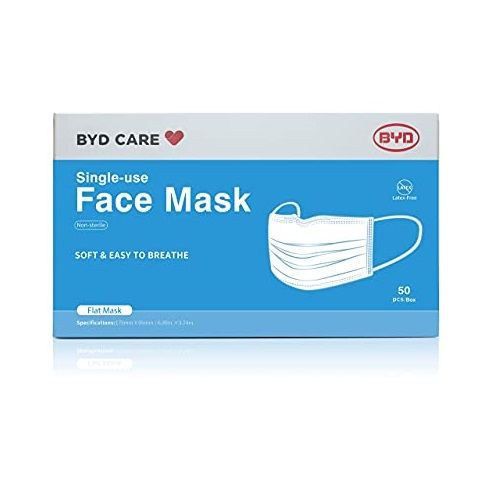 BYD CARE Single Use Disposable 3-Ply Face Mask, Daily protection for men and women for Home, Office, School, Restaurants, Gyms, Outdoor and Indoor, Box of 50 PCs,  Only $9.99