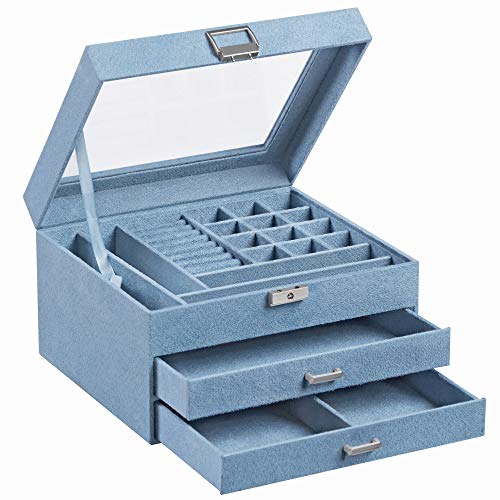 SONGMICS 3-Tier Jewelry Box, Jewelry Organizer and Case with Clear Glass Lid, Varying Compartments for Necklaces, Bracelets, Rings, Lock and Key, Light Blue UJBC158Q01,Only $12.99