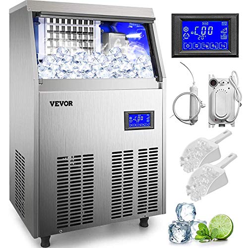 VEVOR 110V Commercial Ice Maker 80-90LBS/24H, 33LBS Storage Bin, Clear Cube, Advanced LCD Panel, Auto Operation, Blue Light, Include Electric Water Drain Pump/Water Filter/ 2 Scoops, Now Only $425.45