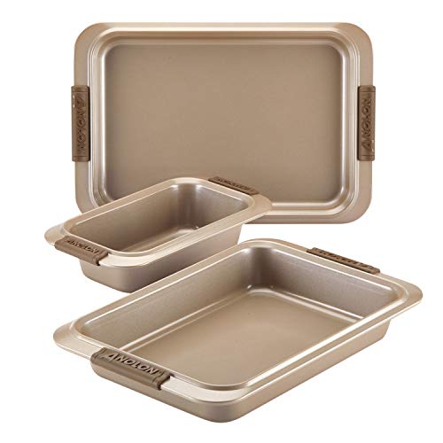 Anolon Advanced Nonstick Bakeware Set with Grips includes Nonstick Bread Pan, Cookie Sheet / Baking Sheet and Baking Pan - 3 Piece, Bronze Brown, List Price is $39.99, Now Only $32.11