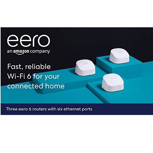 Amazon eero 6 dual-band mesh Wi-Fi 6 system with built-in Zigbee smart home hub (3-pack, three eero 6 routers),  Only  $244.00
