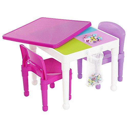 Humble Crew Kids 2-in-1 Plastic Building Blocks-Compatible Activity Table and 2 Chairs Set, Square, Pink/Purple/White, List Price is $59.99, Now Only $42.93, You Save $17.06 (28%)