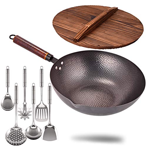 Carbon Steel Wok with Wooden Handle and Lid,using for Electric, Induction, Gas Stoves,6 Cookware Accessories,12.5 inch,Black, Only $33.9