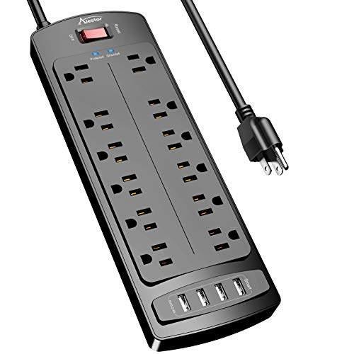 销售第一！ALESTOR电源插线板-带12个3脚插口和4个USB A接口，6英尺长延长线，2700焦耳防浪涌保护仅销$17.99