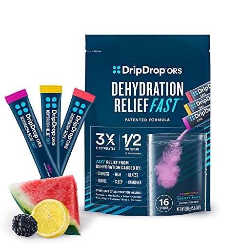 DripDrop ORS - Electrolyte Powder For Dehydration Relief Fast - For Workout, Sweating, Illness, & Travel Recovery - Watermelon, Berry, Lemon Variety Pack - 16 x 8 Oz Servings