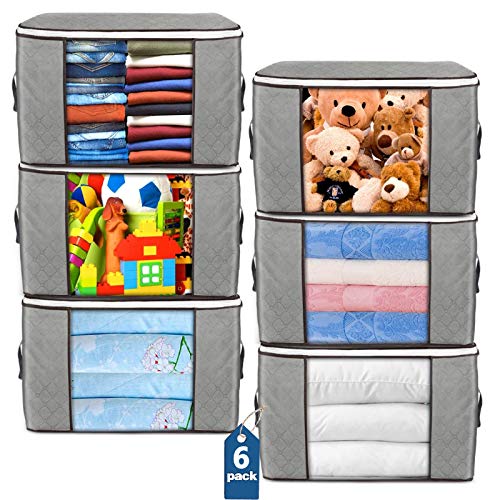 Large Storage Bags, 6 Pack Clothes Storage Bins Foldable Closet Organizers Storage Containers with Durable Handles Thick Fabric for Blanket Comforter Clothing Bedding 90L (Gray), Only $14.99