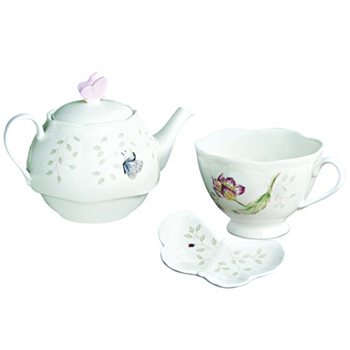 Lenox 蝶舞花香陶瓷茶壶+茶杯+托盘 套装，原价$49.95，现仅售$27.99，免运费！