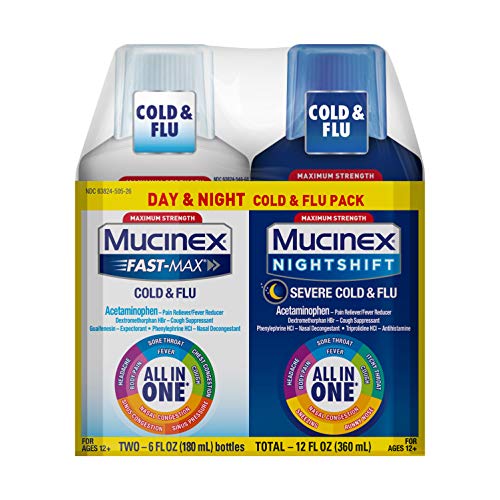 Mucinex Maximum Strength Fast-Max Cold & Flu and Nightshift, All-in-One Multi Symptom Relief Liquid, 6 Fl Oz (Pack of 2),   Only $15.38