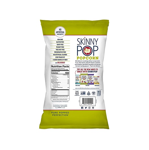 SkinnyPop Orignal Popcorn, 4.4oz Grocery Size Bags, Skinny Pop, Healthy Popcorn Snacks, Gluten Free, only $2.38