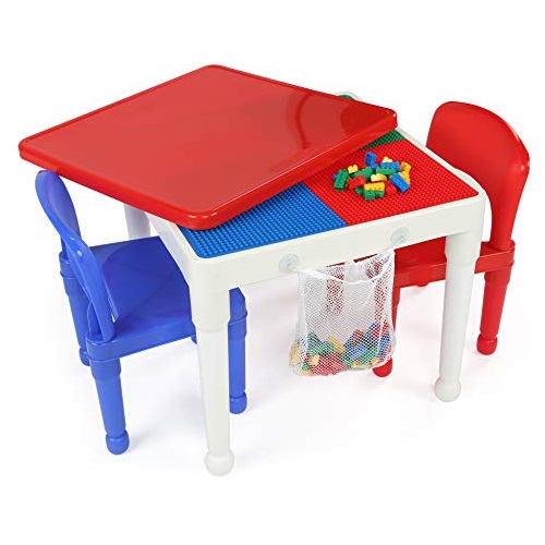 Humble Crew, White/Blue/Red Kids 2-in-1 Plastic Building Blocks-Compatible Activity Table and 2 Chairs Set, Square, Toddler, List Price is $59.99, Now Only $44.99, You Save $15.00 (25%)