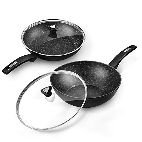 CSK 11''+12'' Nonstick Frying Pan Sets With Glass Lids - Cookware Sets With Stone-Derived Ultra Nonstick Coating, 100% PFOA & APEO Free, Induction Available Frying Skillets, Wok Pans,  Only $38.49