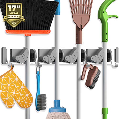 Holikme Mop Broom Holder Wall Mount Metal Pantry Organization and Storage Garden Kitchen Tool Organizer Wall Hanger for Home Goods (4 Positions with 4 Hooks, Silver),  Only $9.59