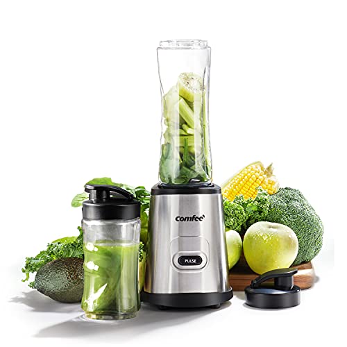 COMFEE' Compact Personal Blender, with Tritan BPA-Free 20 Oz and 10 Oz Travel Cups with Lids, for Shakes, Frozen Drinks, Smoothies, Food Prep, 300-Watt Base, Stainless Steel, Only $19.43