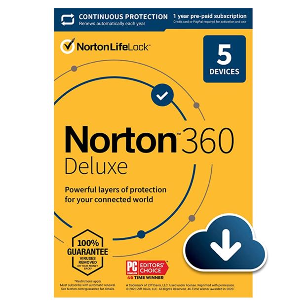 Norton 360 Deluxe 2021 – Antivirus software for 5 Devices with Auto Renewal - Includes VPN, PC Cloud Backup & Dark Web Monitoring powered by LifeLock [Download]
