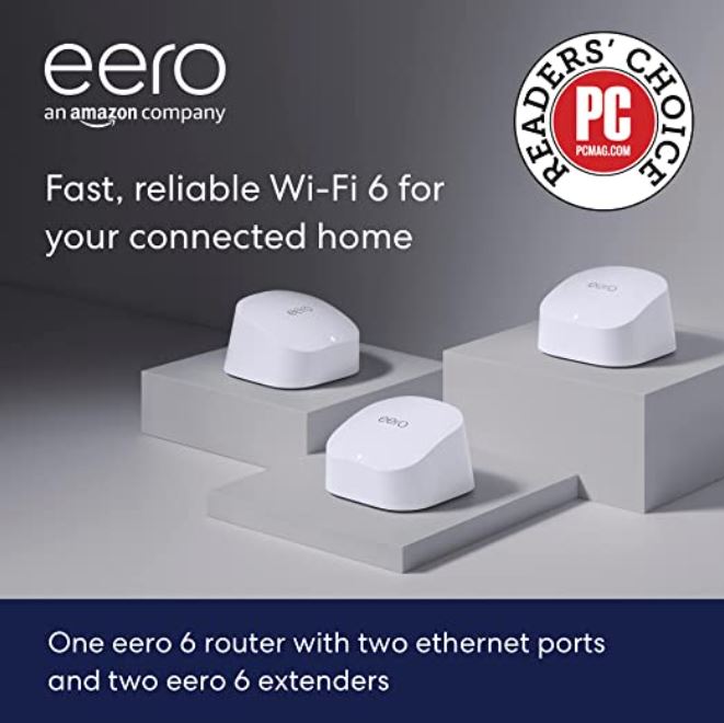 Amazon eero 6 dual-band mesh Wi-Fi 6 system with built-in Zigbee smart home hub (3-pack, one eero 6 router + two eero 6 extenders) only $195.00