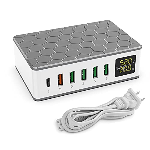 Flylion 6-Port Fast Charging Block,Multi USB Port Charger Power Hub with 20W USB C Charger + 12V 1.5A QC3.0 Fast Charger Port, Charging Station for Multiple Devices (Power Output 65W Total)