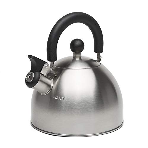 Primula Stewart Whistling Stovetop Tea Kettle Food Grade Stainless Steel, Hot Water Fast to Boil, Cool Touch Folding, 1.5 Qt, Brushed with Black Handle, List Price is $12.99, Now Only $8.99