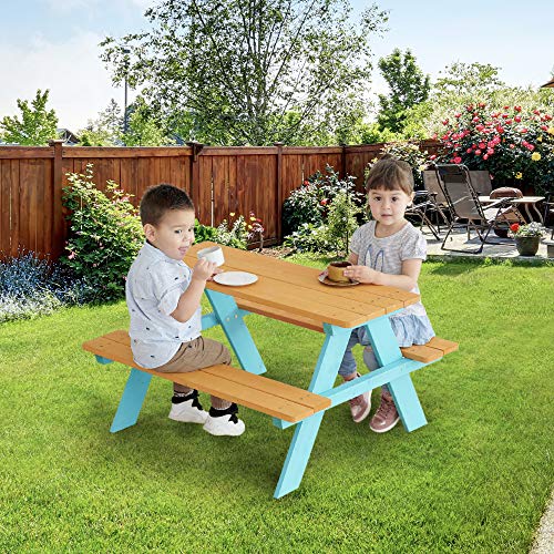 Teamson Kids - Wooden Outdoor Child Children Kids Picnic Table & Chair Bench Set - Wood/Petrol,  Only $34.88