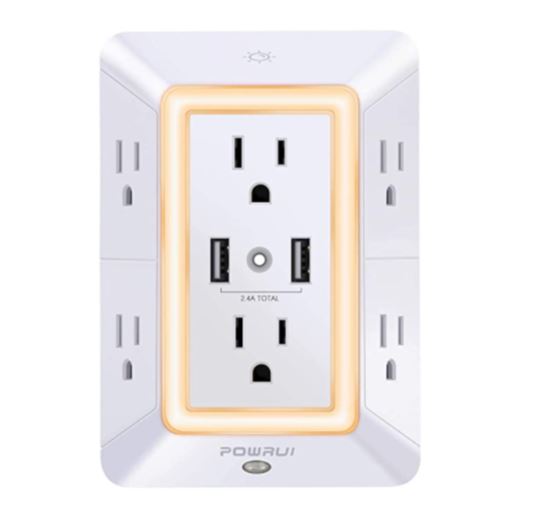 POWRUI USB Wall Charger and Surge Protector, 6 Outlet Extender with 2 USB Ports and Night Light, 3-Sided, White，ETL Listed, $16.97 (15% off)