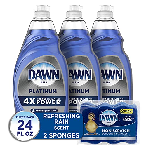 Dawn Dish Soap Platinum Dishwashing Liquid + Non-Scratch Sponges for Dishes, Refreshing Rain Scent, Includes 3x24oz + 2 Sponges (Packaging May Vary), List Price is $15.22, Now Only $9.11