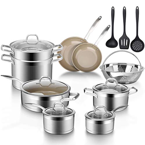 Duxtop 17PC Professional Stainless Steel Induction Cookware Set, Stainless Steel Ceramic Nonstick Pan Set, Impact-bonded Technology, FUSION Titanium Reinforced Ceramic Coating, Brown,Only $219.09