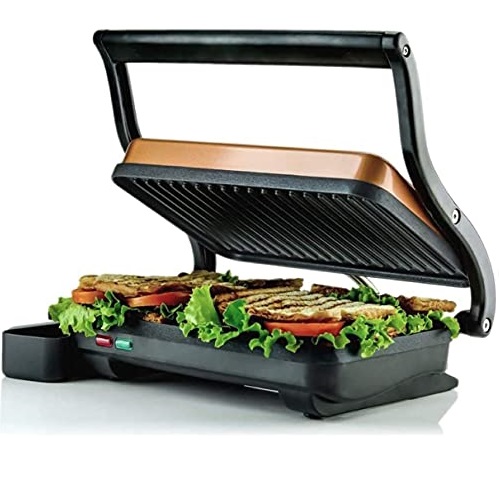 Ovente Electric Indoor Panini Press Grill with Non-Stick Double Flat Cooking Plate & Removable Drip Tray, Countertop Sandwich Maker Toaster  , Copper GP0620CO, Only  $14.99