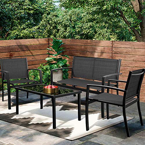 Greesum 4 Pieces Patio Furniture Set, Outdoor Conversation Sets for Patio, Lawn, Garden, Poolside with A Glass Coffee Table, Black, Only $129.99
