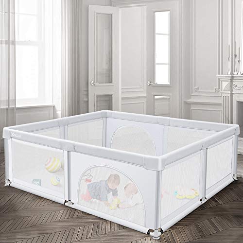 Baby Playpen for Toddler, Yacul Extra Large Baby Playard, Infant Safety Activity Center, Sturdy Babies Playpen with Anti-Slip Suckers, Breathable Mesh Light Grey 70.9