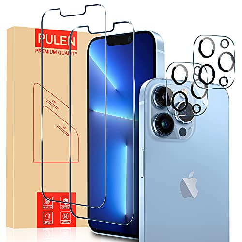 PULEN Designed for iPhone 13 Pro Max Screen Protector (2 Packs) with 2 Packs Camera Lens Protector [Automatic Alignment Tool Included], HD Clear Case Friendly 9H Hardness Tempered Glass